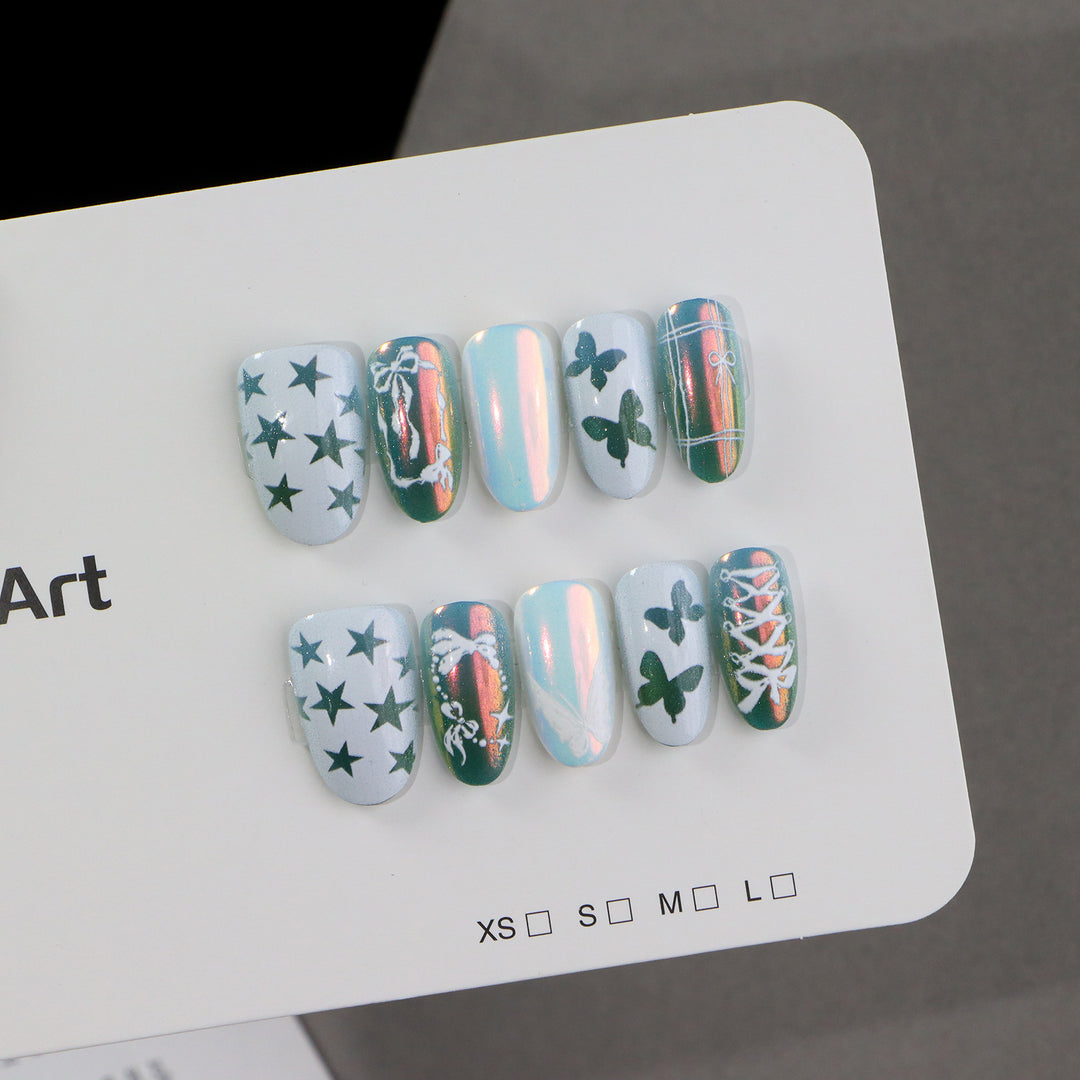 Decorative Press-On Nail Art Set with Butterfly and Star Designs Bowlift