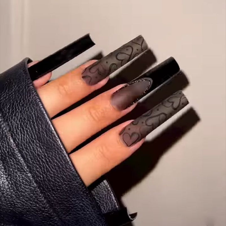 Artistic Long Press-On Nails with Heart Patterns Bowlift