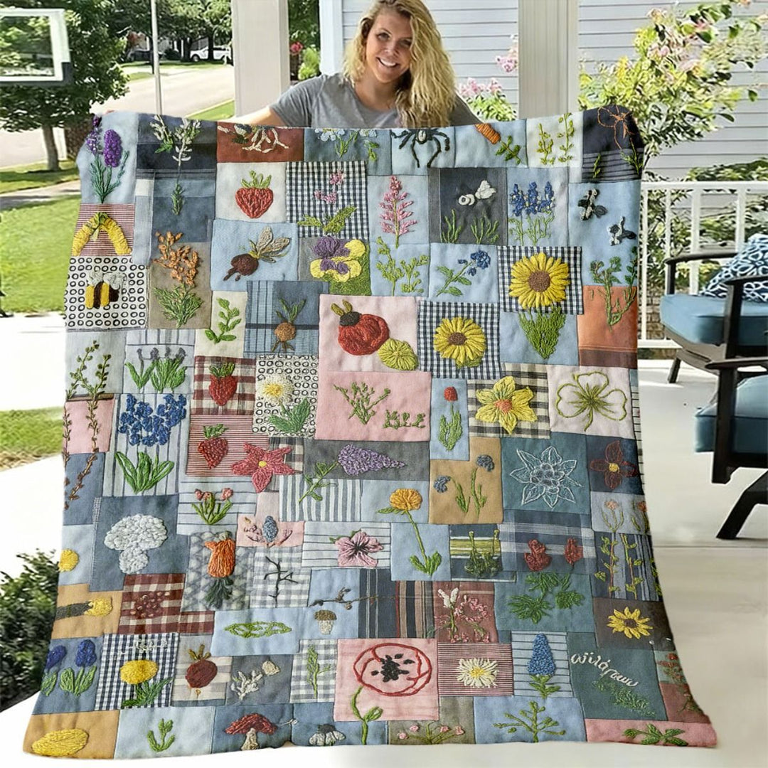 Floral Patchwork Embroidered Throw Blanket