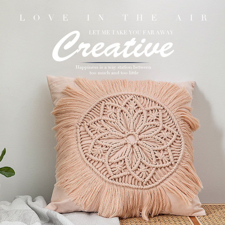 Decorative macrame pillow cover with mandala application and fringes Bowlift