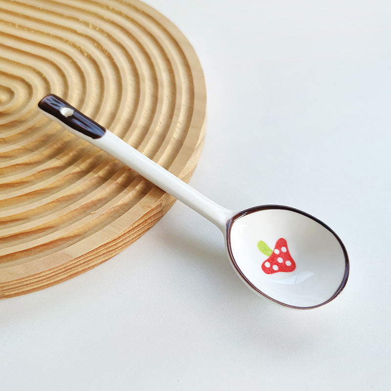 Ceramic soup spoon with lucky cat illustration and ergonomic long-handle Bowlift