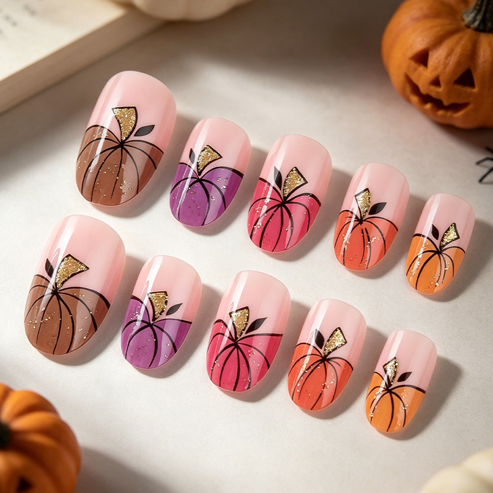 Artistic Press-On Nail Art Set with Pumpkin Design Bowlift