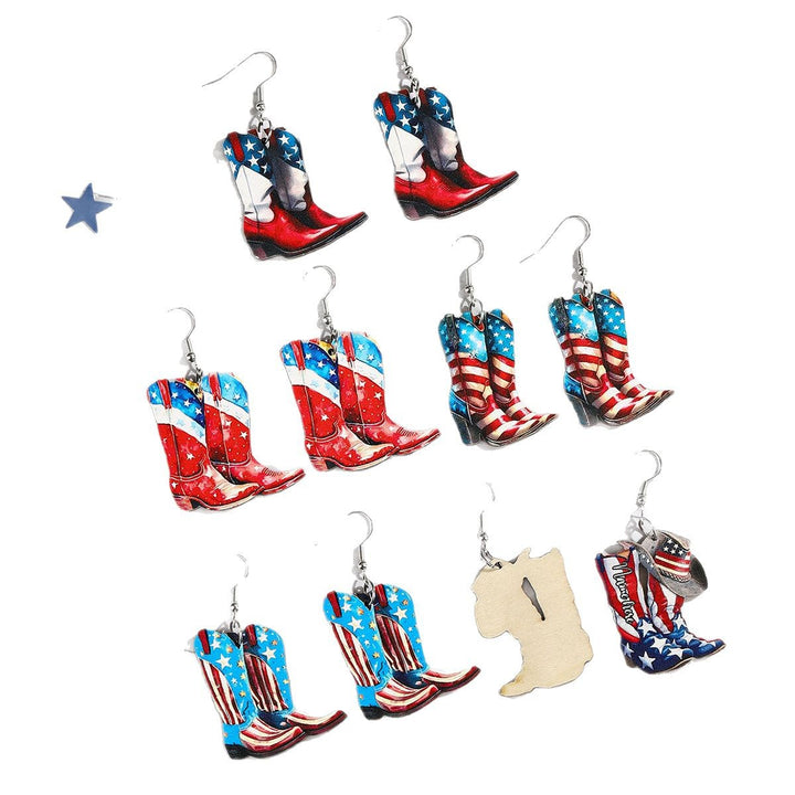 Ladies nan cowboy boots earrings with flag pattern made of lightweight wood Bowlift
