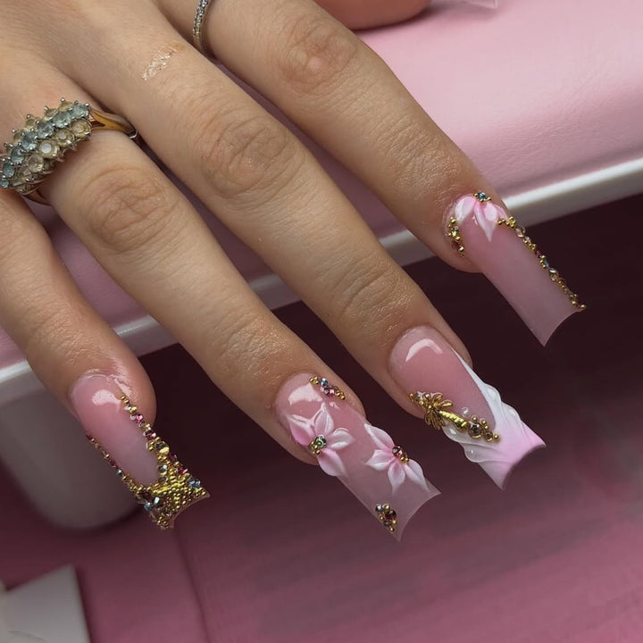 Artistic Nail Extensions with Rhinestone and Flower Embellishments Bowlift