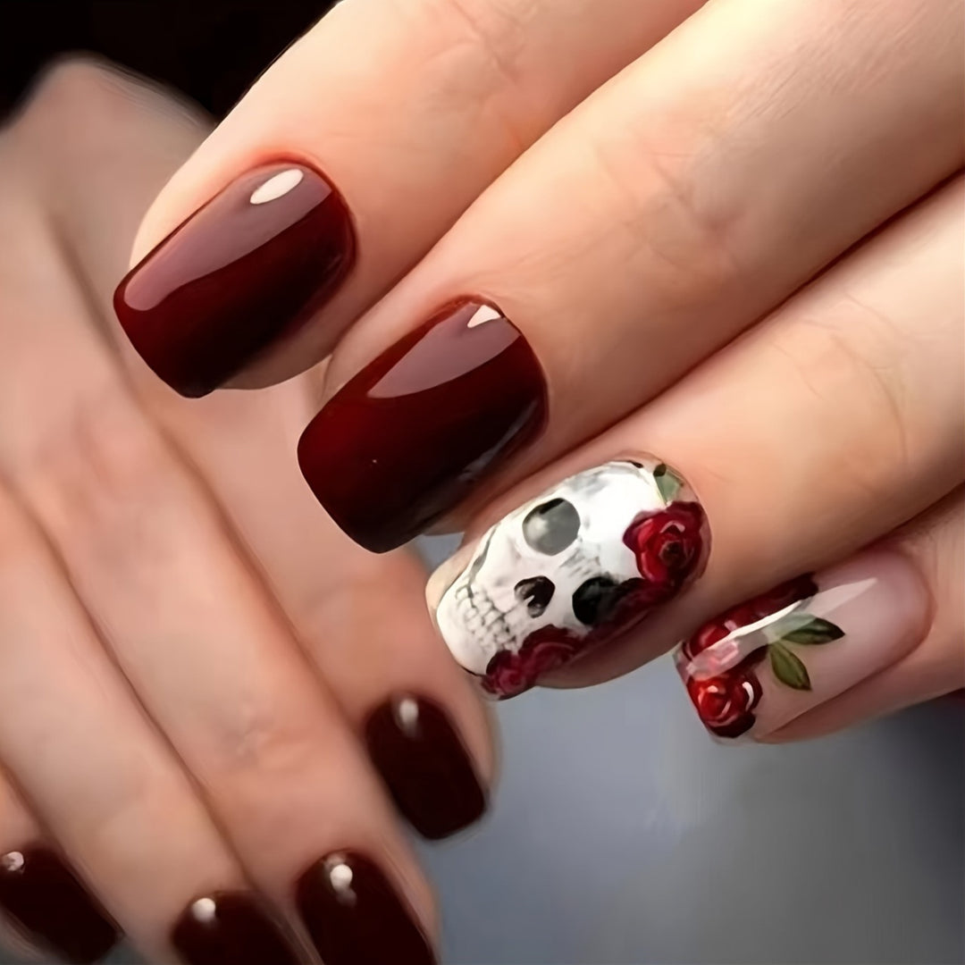 Artistic Skull and Rose Nail Art Bowlift
