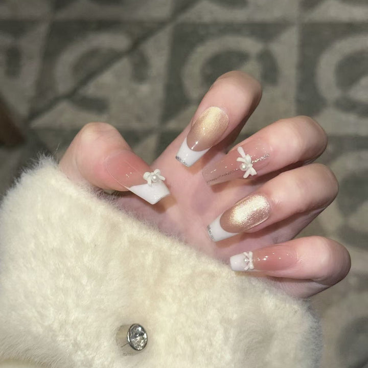Elegant Reusable Press-On Nail Art Set with Pearl and Glitter Accents Bowlift