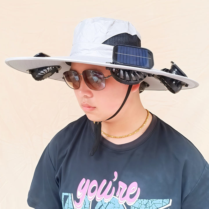 Wide-brimmed sun hat with detachable swivel solar fans and adjustable chin strap Bowlift