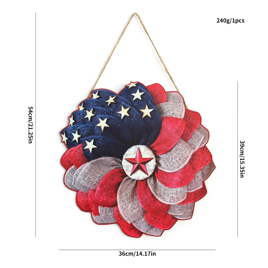 Unisex nan Patriotic Americana Burlap Ribbon Star Door Wreath with Jute Hanger Bowlift
