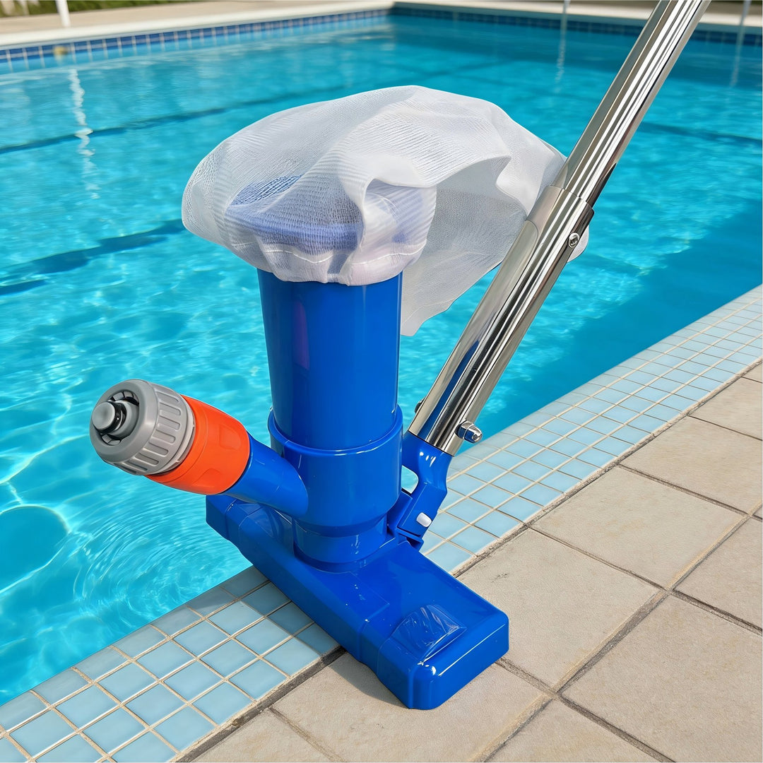 Telescopic stainless steel pool vacuum kit with brush head and fine mesh leaf bag Bowlift