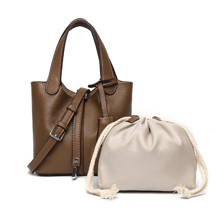 Dual-Compartment Textured Leather Tote Bag Bowlift
