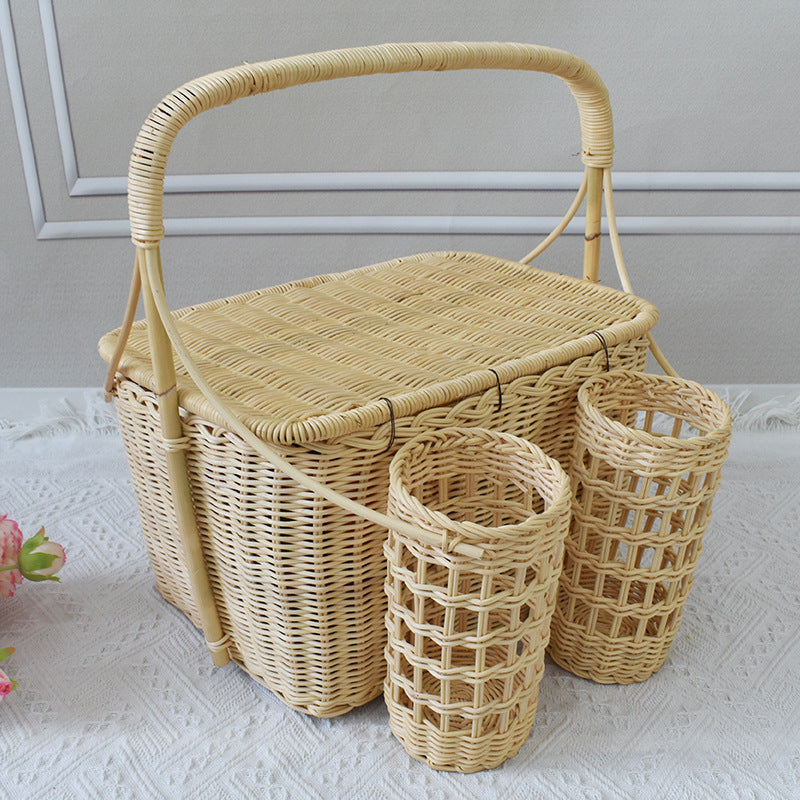 Handcrafted Woven Picnic Basket with Side Drink Holders Bowlift