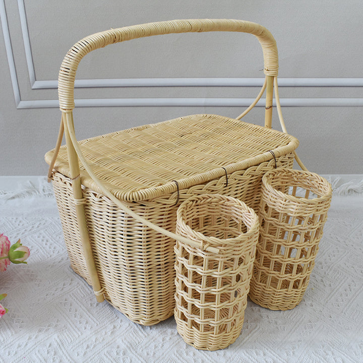 Handcrafted Woven Picnic Basket with Side Drink Holders Bowlift