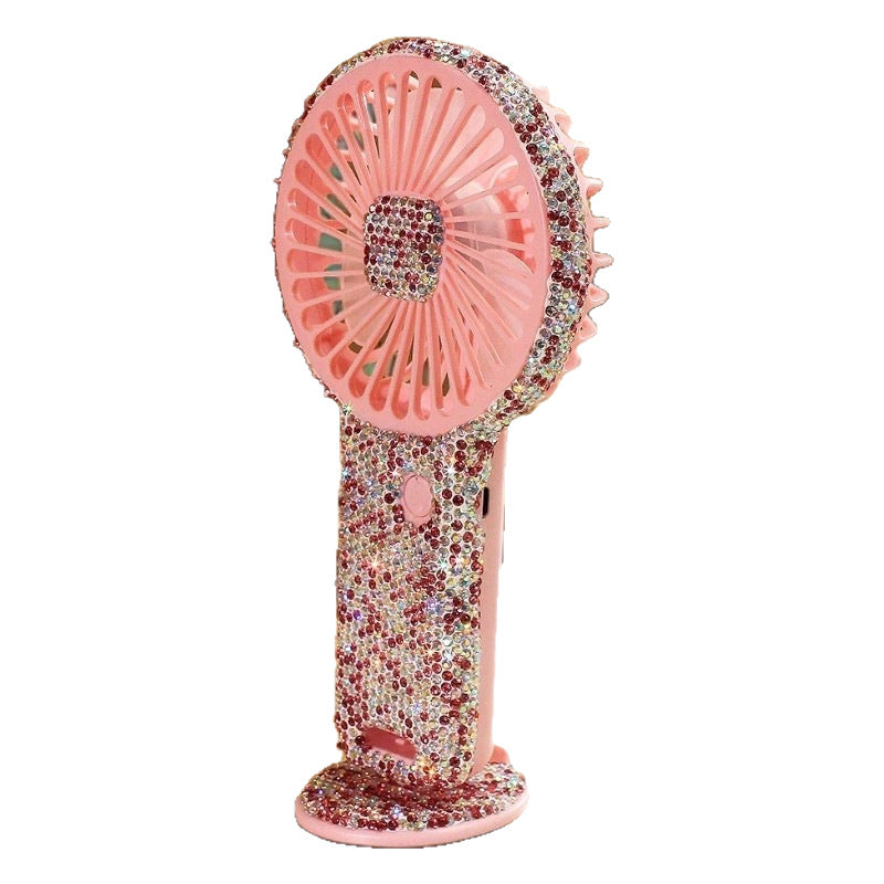 Women's portable hand fan rechargeable with rhinestone accents and cat emblem Bowlift