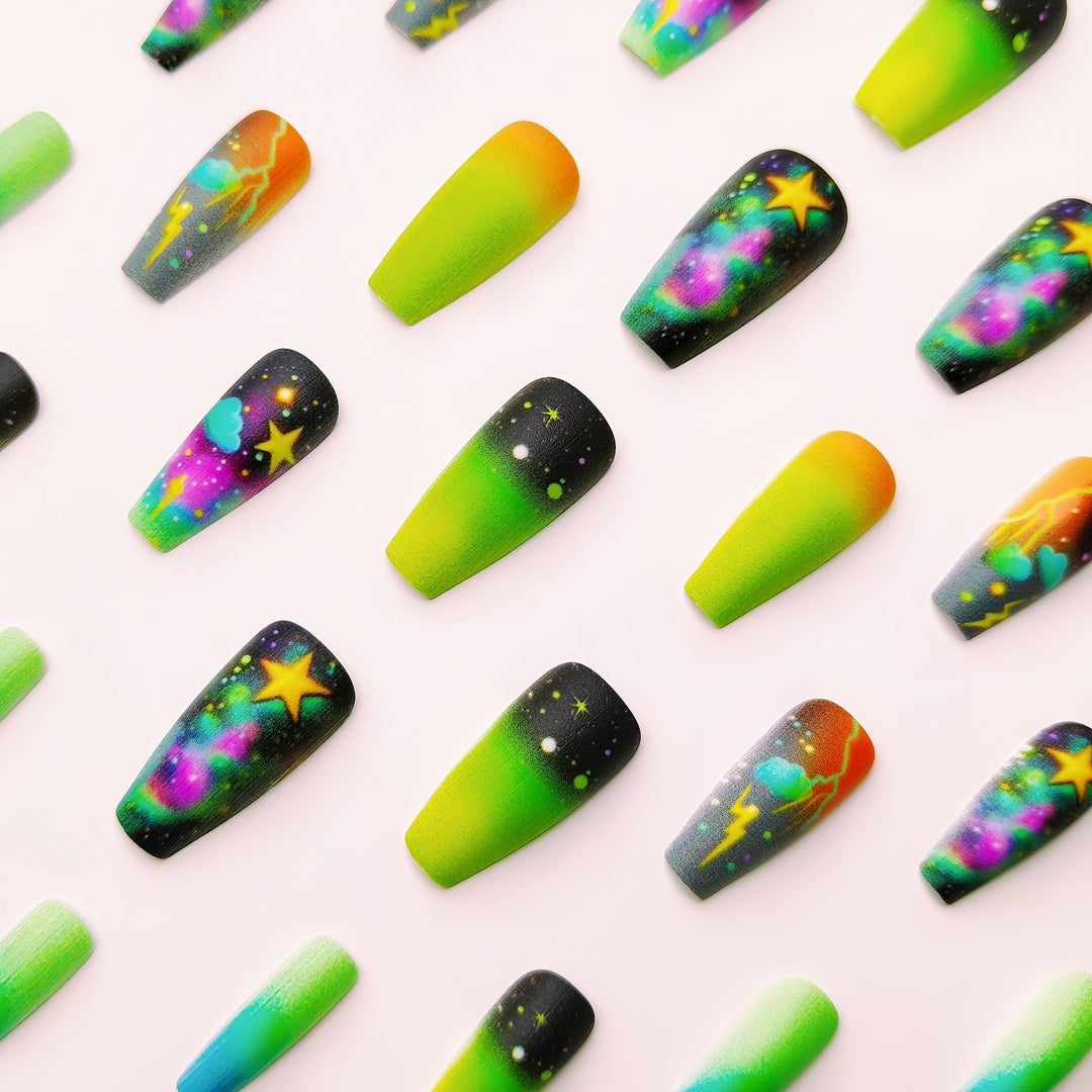 Creative acrylic nails with neon galaxy design Bowlift