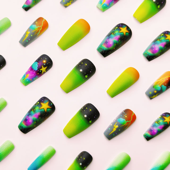 Creative acrylic nails with neon galaxy design Bowlift