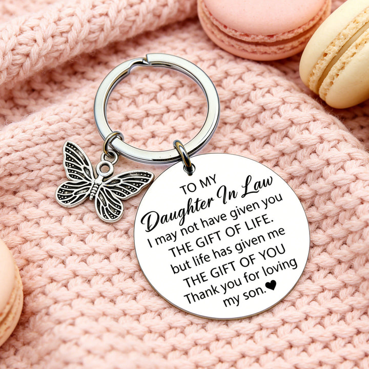 Engraved Round Sentimental Daughter-in-Law Keychain with Butterfly Charm Bowlift