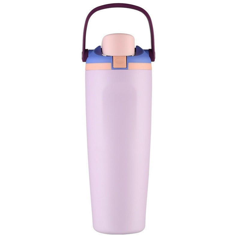Unisex double-walled vacuum drinking bottle made of stainless steel with one-handed click closure and carrying handle Bowlift