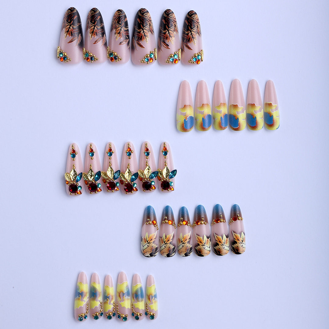 Artificial nails with luxurious 3D decorations and colorful leaf patterns Bowlift