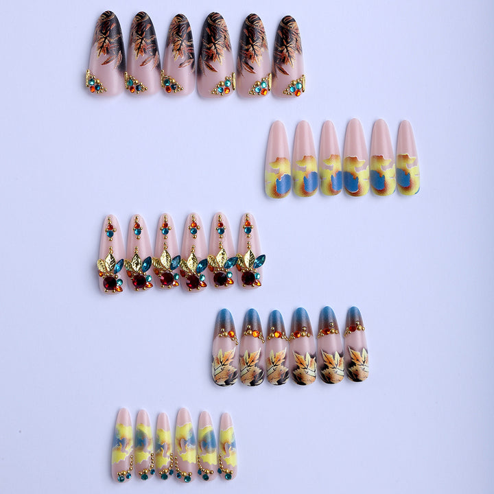 Artificial nails with luxurious 3D decorations and colorful leaf patterns Bowlift