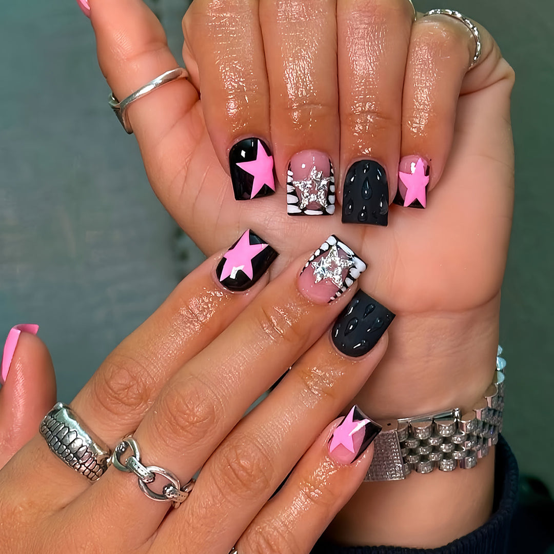 Artistic Press-On Nail Set with Star and Glitter Accents Bowlift