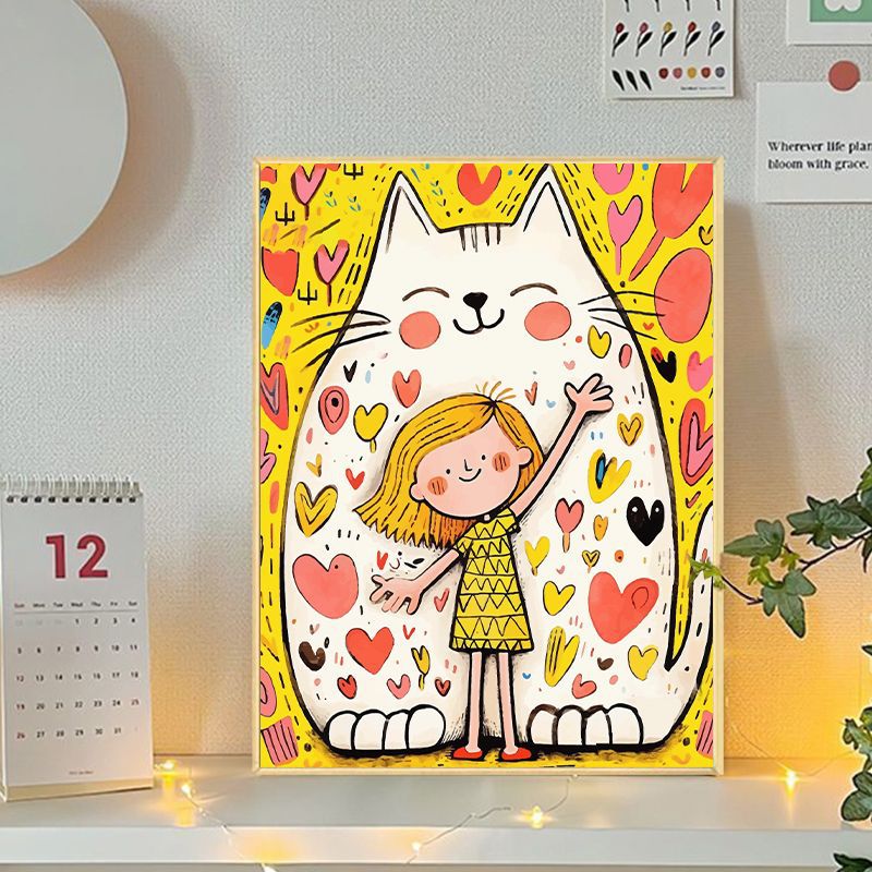 Playful Cat and Girl Illustration Canvas Art Bowlift