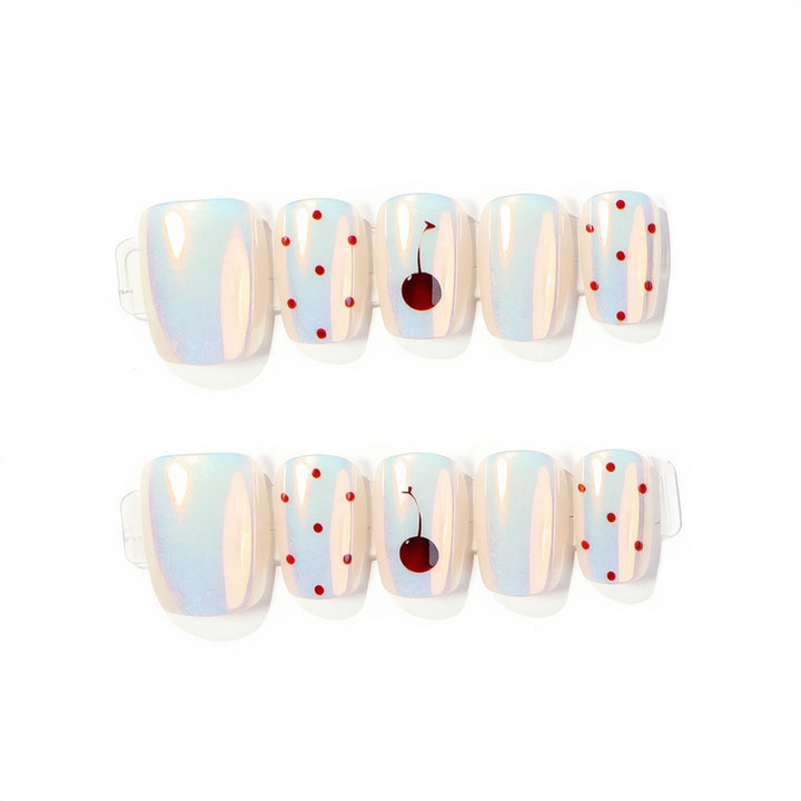 Artistic Press-On Nail Art Set with Cherry and Polka Dot Design Bowlift