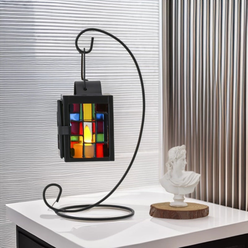 Stained Glass Mosaic Hanging Tealight Lantern with Metal Frame Bowlift