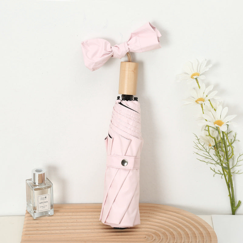 Women's Elegant Folding Umbrella with Wooden Handle Bowlift