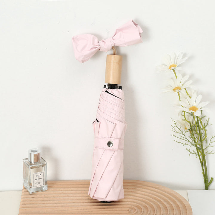 Women's Elegant Folding Umbrella with Wooden Handle Bowlift