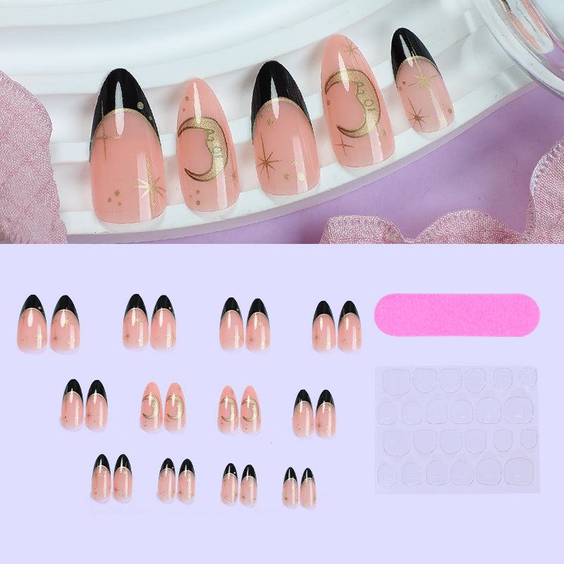 Nail extension set with elegant black-pink design and shiny accents Bowlift