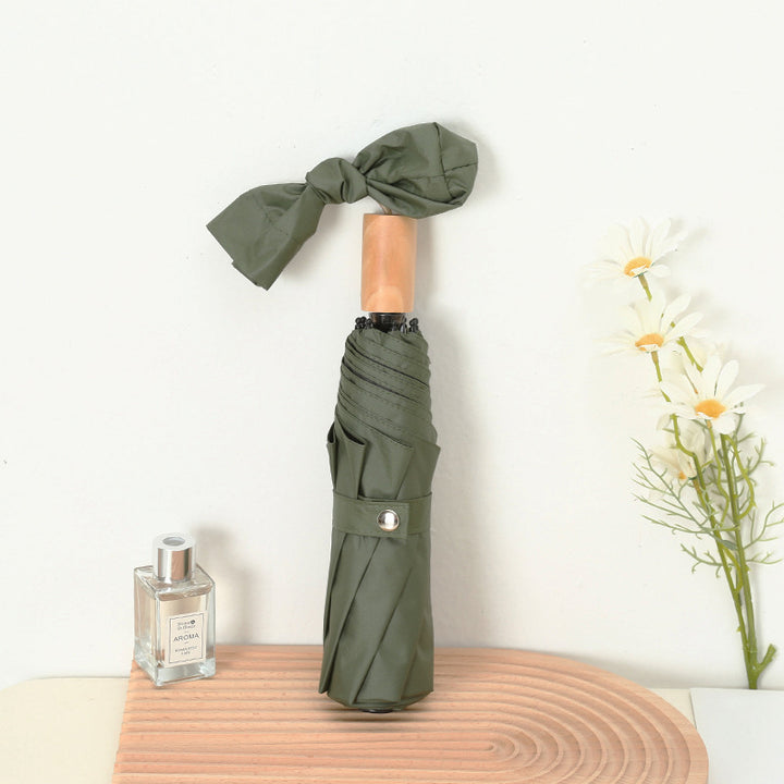 Women's Elegant Folding Umbrella with Wooden Handle Bowlift