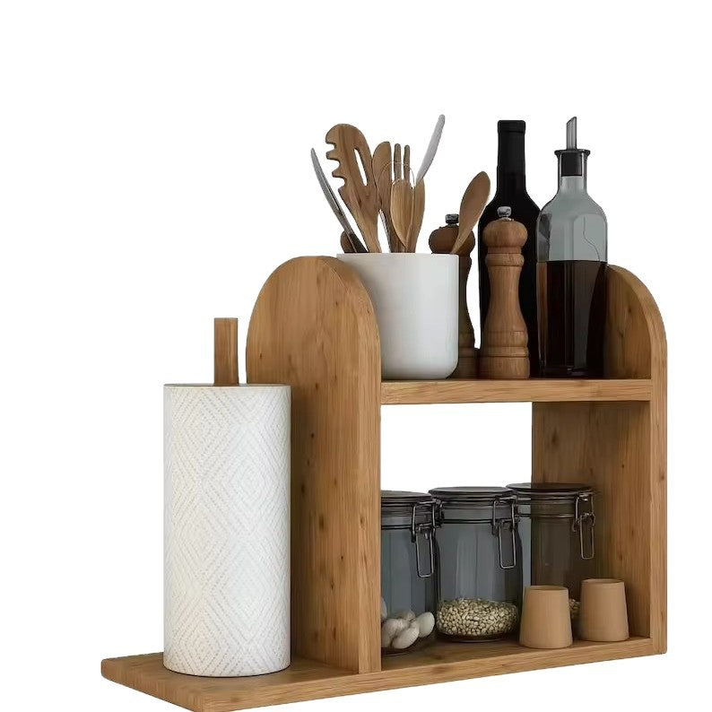 Bamboo double-tier countertop organizer with integrated paper towel holder and spice jar shelf Bowlift