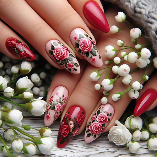 Creative Artificial Nails with Romantic Rose Design Bowlift