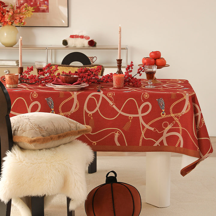 Rectangular decorative tablecloth with cord and tassel pattern as well as contrasted hem edge Bowlift