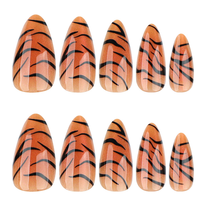 Artful stiletto nails with creative tiger stripe design Bowlift