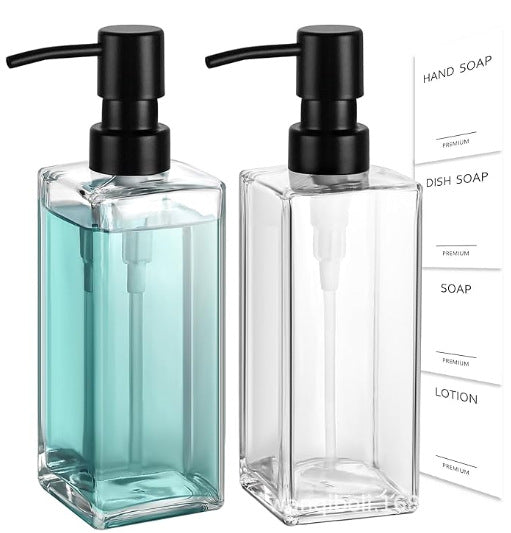 Refillable Tall Rectangular Glass Soap and Lotion Dispenser with Locking Pump Bowlift