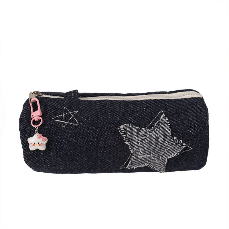 Denim Star Patch Pencil Case and Cosmetic Makeup Bag with Zipper Charm Bowlift