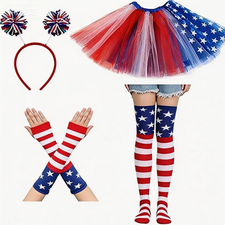 Women's nan patriotic tulle layered mini skirt headband arm sleeves and thigh high socks set Bowlift