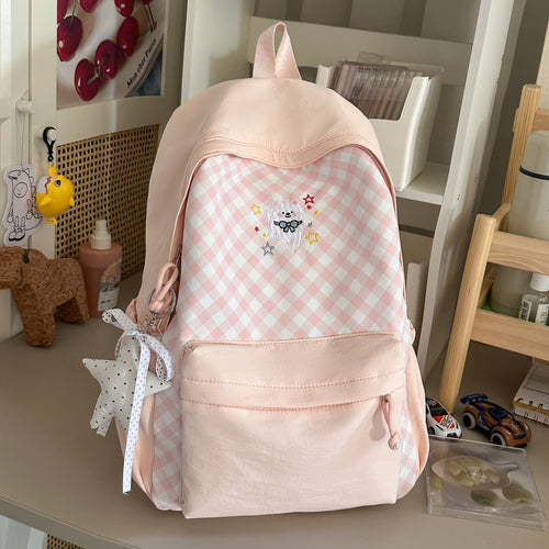 Cute Checked Backpack with Embroidered Accents