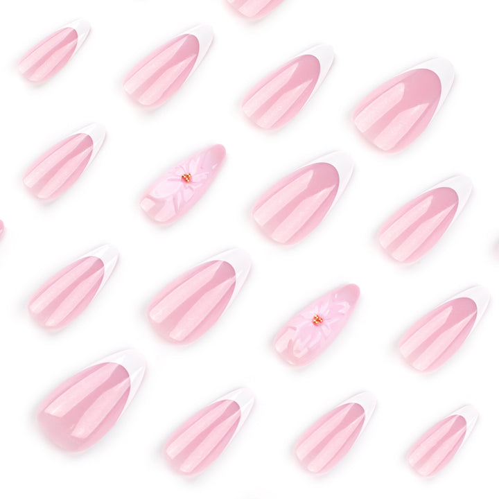 Artistic French-Tip Nail Extensions with Flower Accents Bowlift
