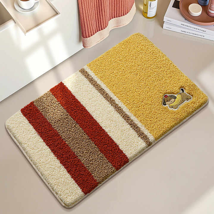 Playful Striped Cartoon Dog Bath Mat Bowlift