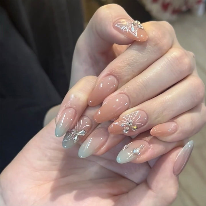Elegant Press-On Nail Art Set with Floral and Gemstone Accents Bowlift