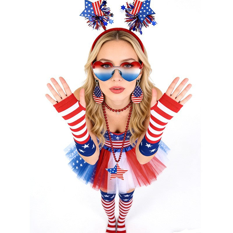 Women's patriotic carnival costume set with layered tulle skirt elastic waistband bow hairband thigh-high stockings and arm warmers Bowlift