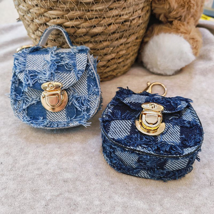 Distressed denim micro crossbody mini purse with gold turn-lock top handle Bowlift