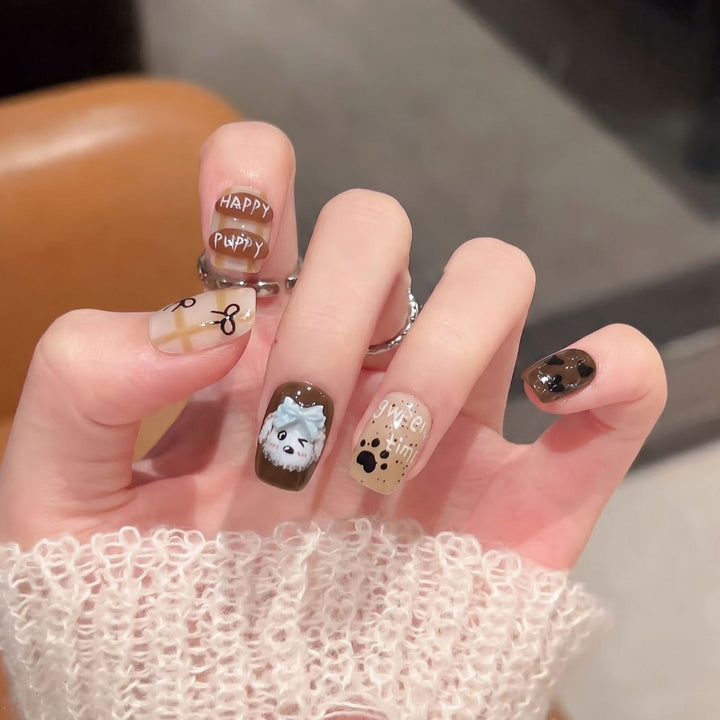 Playful Cartoon Dog-Themed Press-On Nail Art Set Bowlift