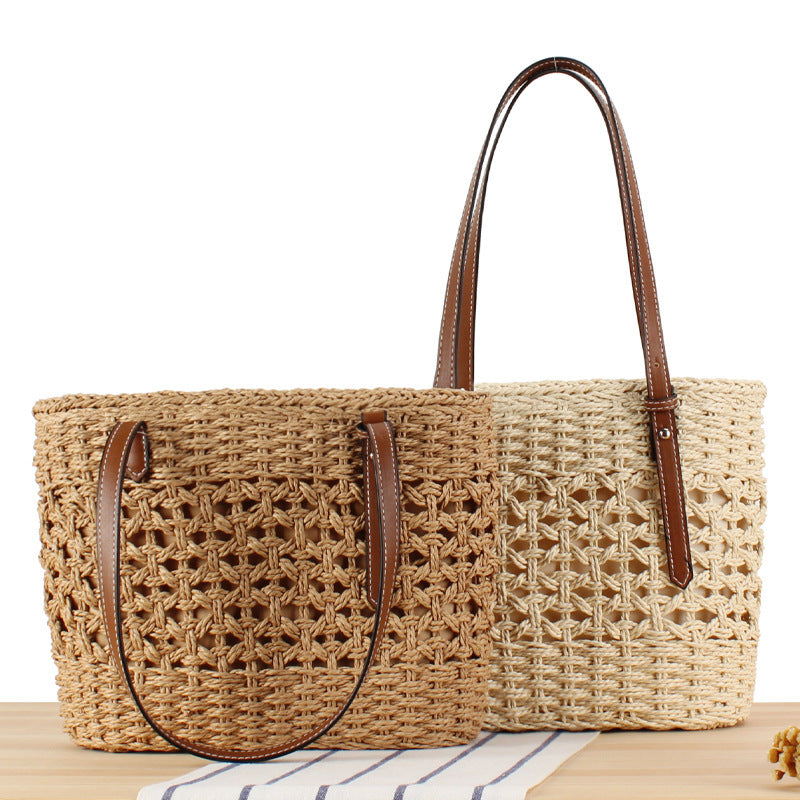 Handbag Made of Handwoven Straw with Elegant Faux Leather Handles Bowlift