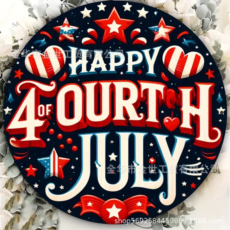 Independence Day rustic round wooden patriotic cross wall plaque with floral accents and God Bless America banner Bowlift