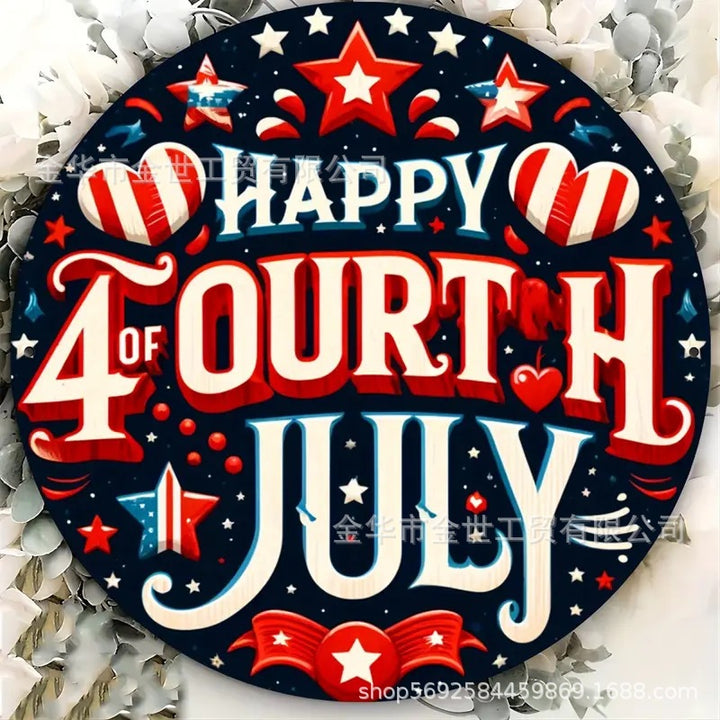 Independence Day rustic round wooden patriotic cross wall plaque with floral accents and God Bless America banner Bowlift