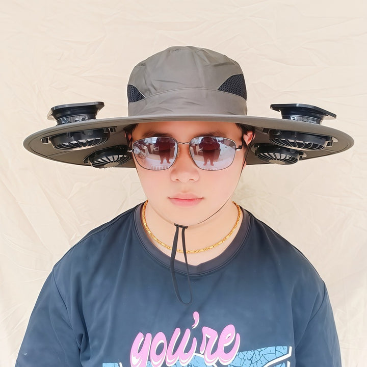 Wide-brimmed sun hat with detachable swivel solar fans and adjustable chin strap Bowlift