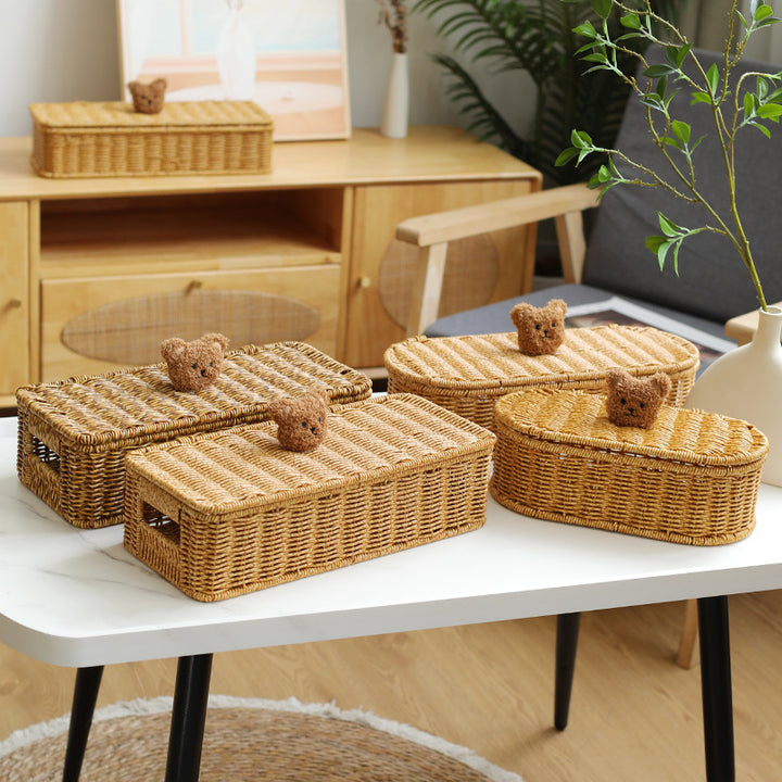 Decorative Woven Storage Box with Cute Bear Lid Bowlift